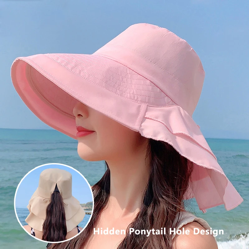 Women Hats Small Head Circumference Hidden Ponytail Cap Big Brim Hat  Anti-uv Sun Hat With Neck Flap Beach Sombreros Mujer Verano - Sun Hats -  AliExpress