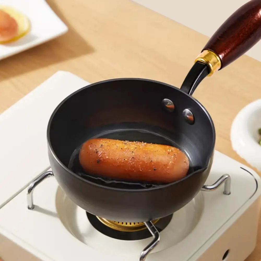 Egg Frying Pan Cast Iron Oil Splashing Pot Uncoated Wooden Handle Omelette Pan Mini Deepened Butter Melting Pot Chocolate