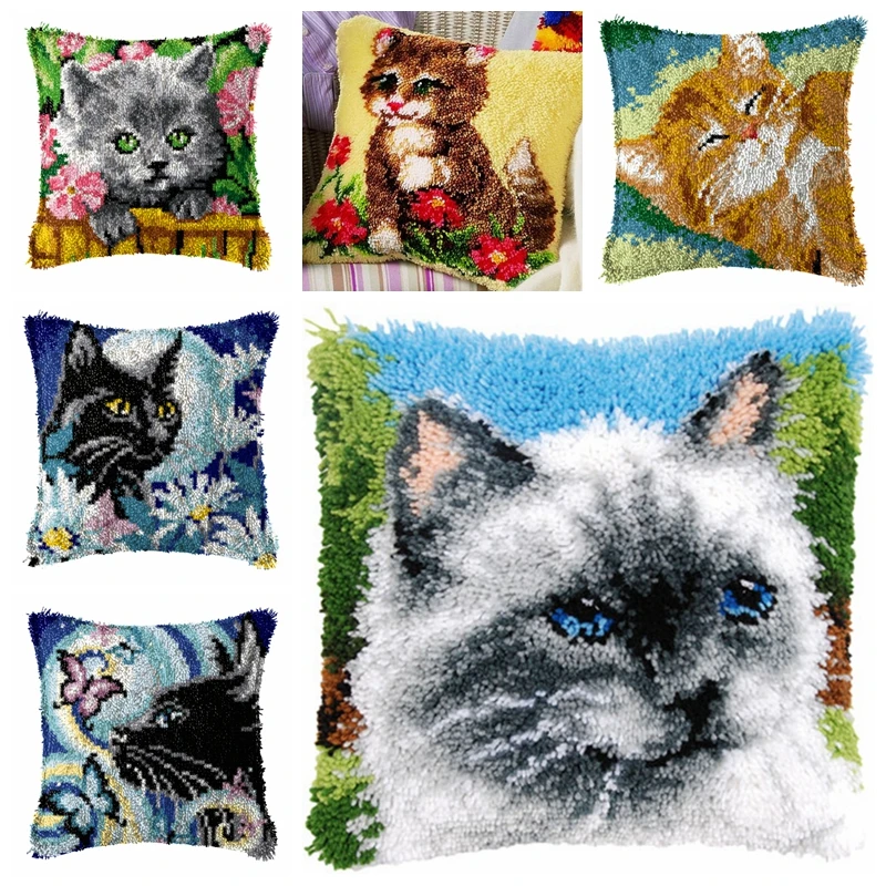 

Cute Cat Embroidery Throw Pillow Cartoon Animal Accessories DIY 3D Hook Novice Kit Carpet Pillow Towel Embroidery Knooppakket