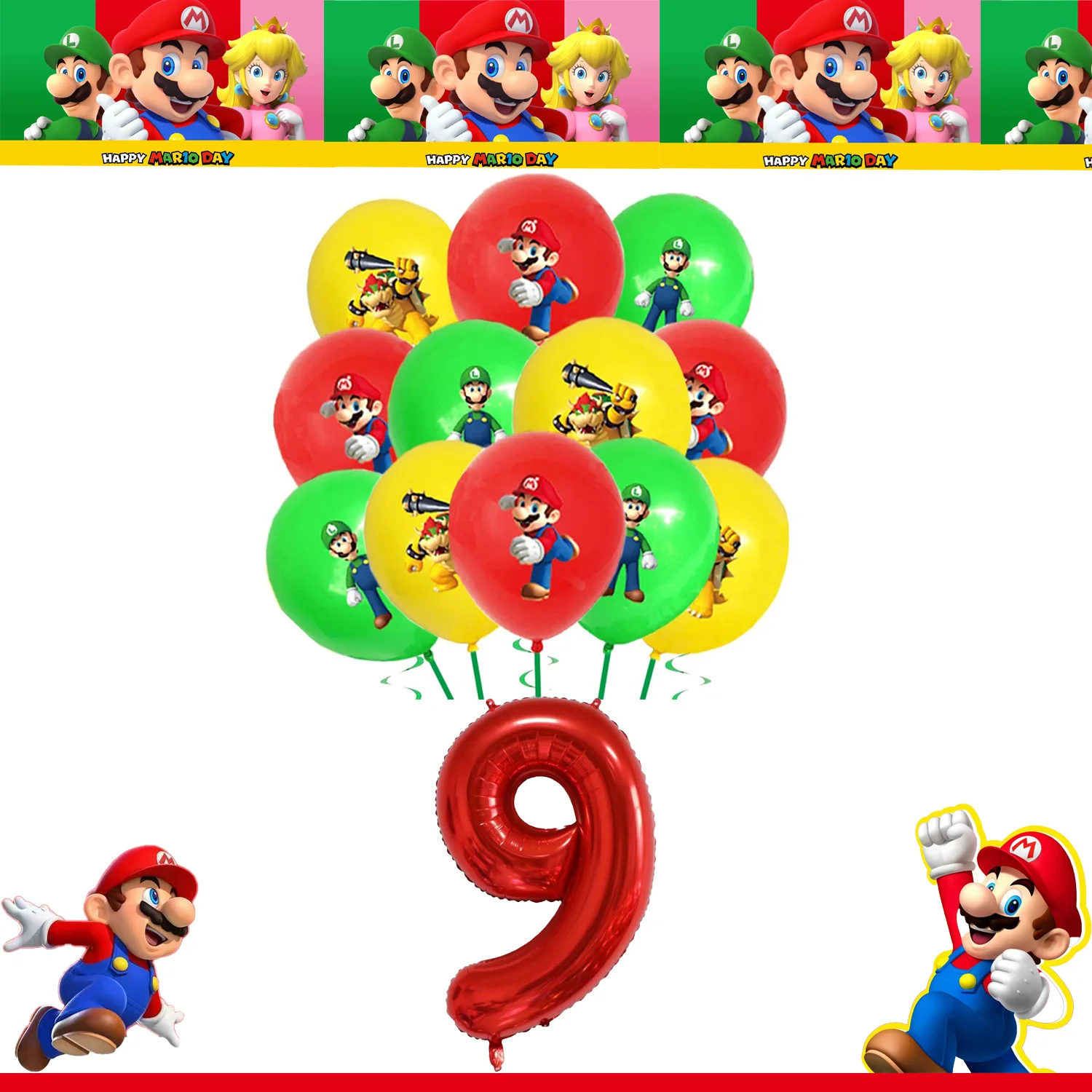 thumbnail image 1 of Nueva decoración de cumpleaños de Mario, suministros para fiestas de dibujos animados de Super Bros, vajilla desechable para niños, pegatinas, platos, globos, vasos de papel, juguetes, 1 of 5