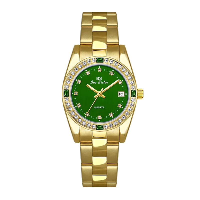 Brand Watch for Women Middle East Luxury Gold Blue Green Rhinestone Waterproof Steel Strap Calendar Quartz Watches with Box images - 6