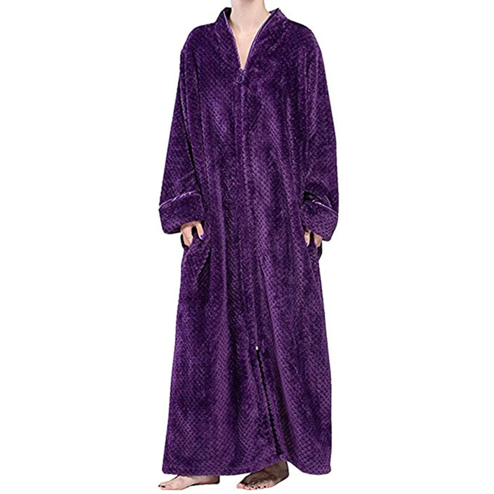 WomenWinterBathrobeZipperExtraLongJacquardFlannelWarmBathrobe