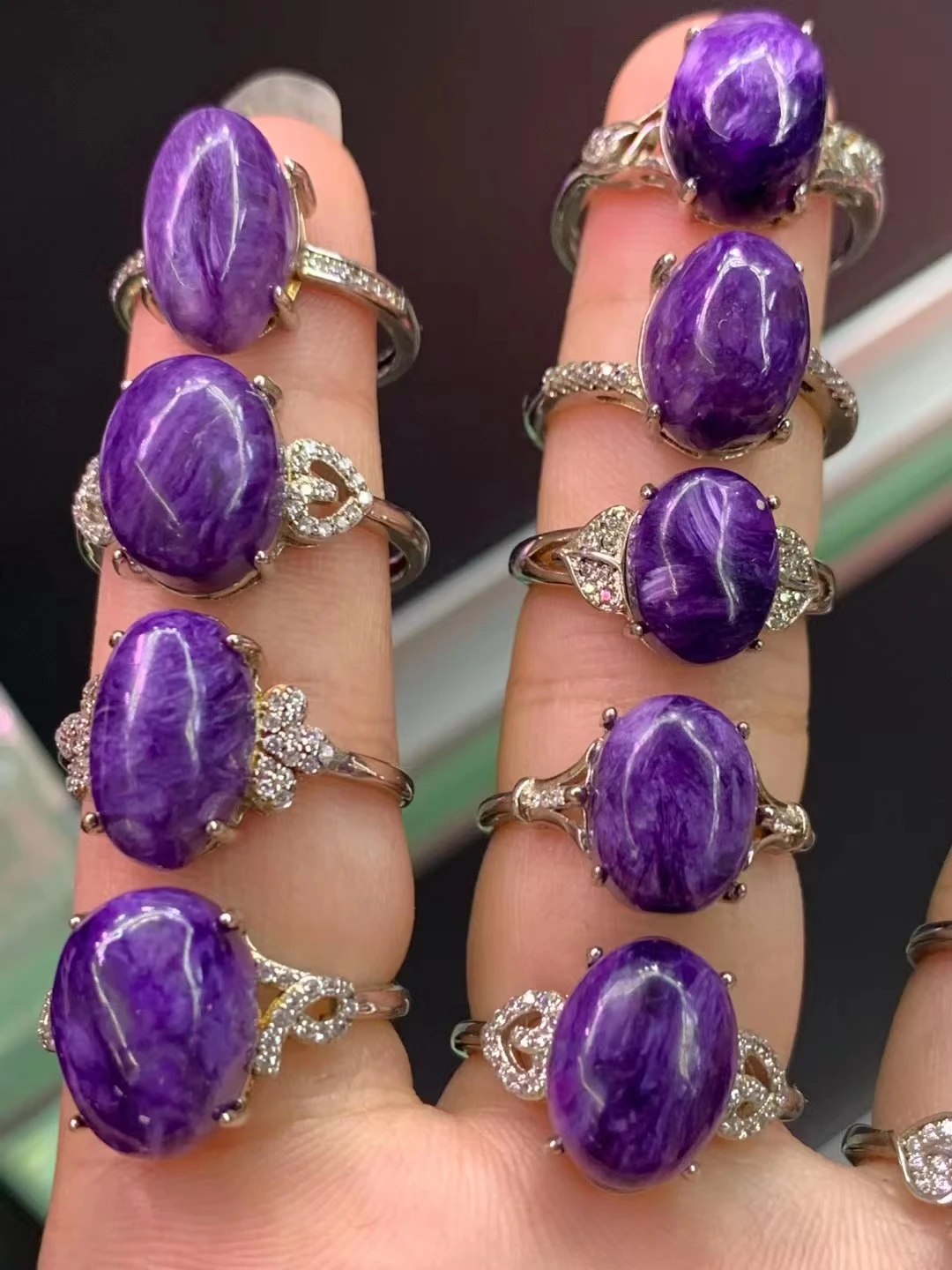 

1Pcs/Lot Natural Purple Dragon Crystal Charo Stone Ring S925 Silver Inlaid Adjustable Size Woman Jewelry Anillos Mujer