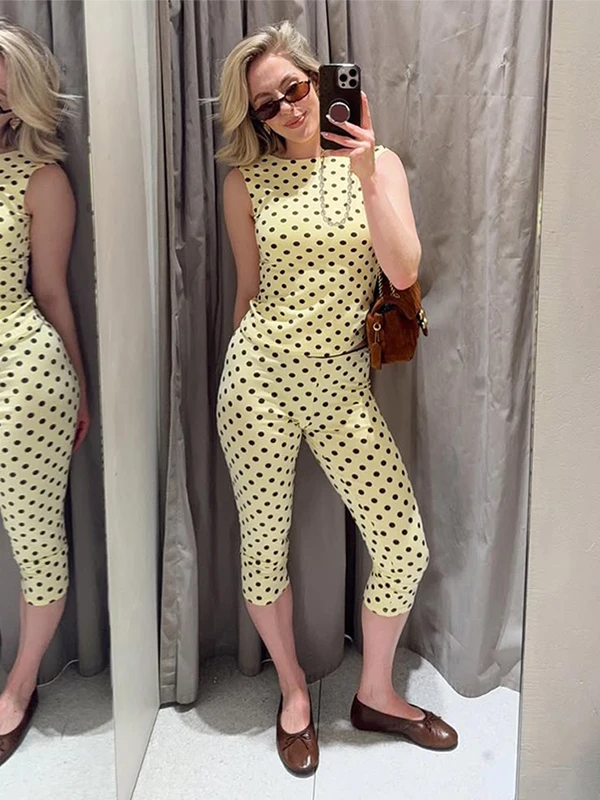Women Polka Dot Halter Neck Corset Sleeveless Top Capri Pants Set Two Piece Bodycon Street Casual Slimming Spring Suit Ladies