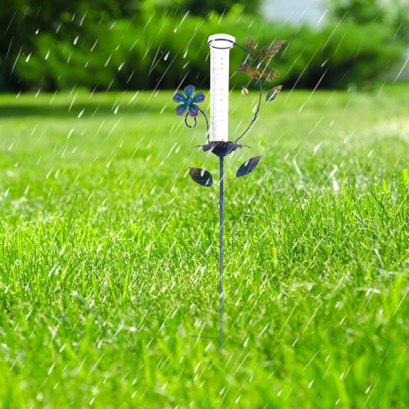 Unique Hummingbird Rain Gauge Stake Outdoor Metal Material Garden Sculpture Trochilus Sculpture for Garden Yard Patio M68E