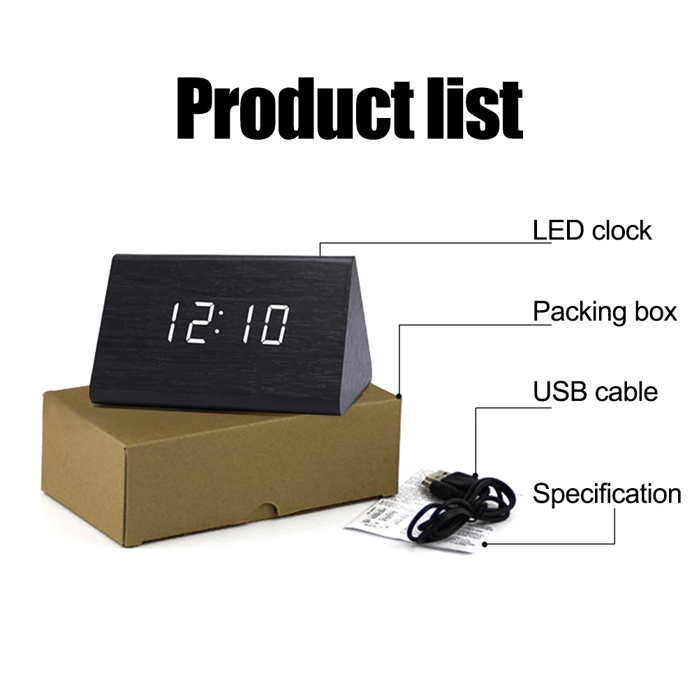 Package Content 1 Data Cable 1 Instructions 1 Wooden Alarm Clock Wooden Wood Clock LED Alarm Digital Desk Clock 5