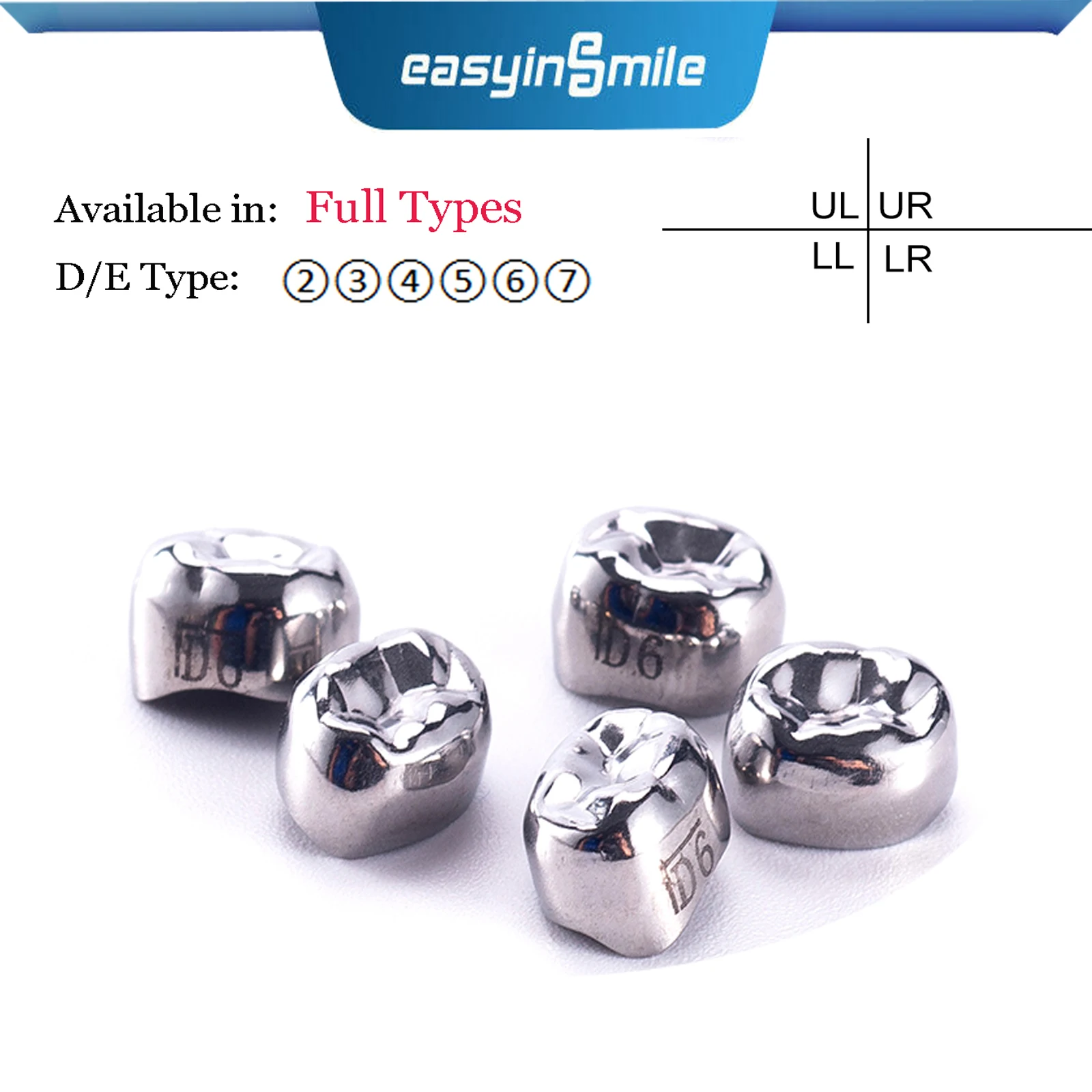 

5pcs/Pack Easyinsmile Dental Crown Kids Pedo Stainless Steel Primary Molar Refill Upper Lower DUL2-DUL7 EUR2-EUR7