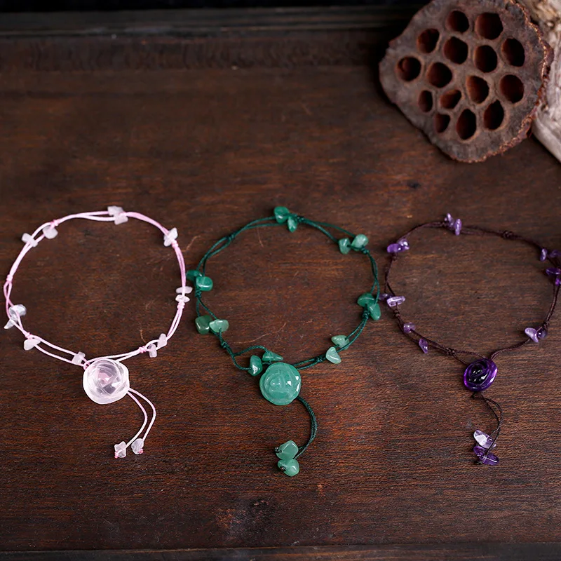 Handmade Braided Anklets for Women Jewelry Natural Amethyst Jade Rose Quartz Stone Beads Chain Flower Engraved anklet bracelets