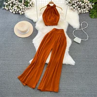 Green/Black/Red 2026 New Summer Two Piece Set Women Sexy Strap Short Tops + High Waist Wide Leg Pants Female Suit New - Image 4
