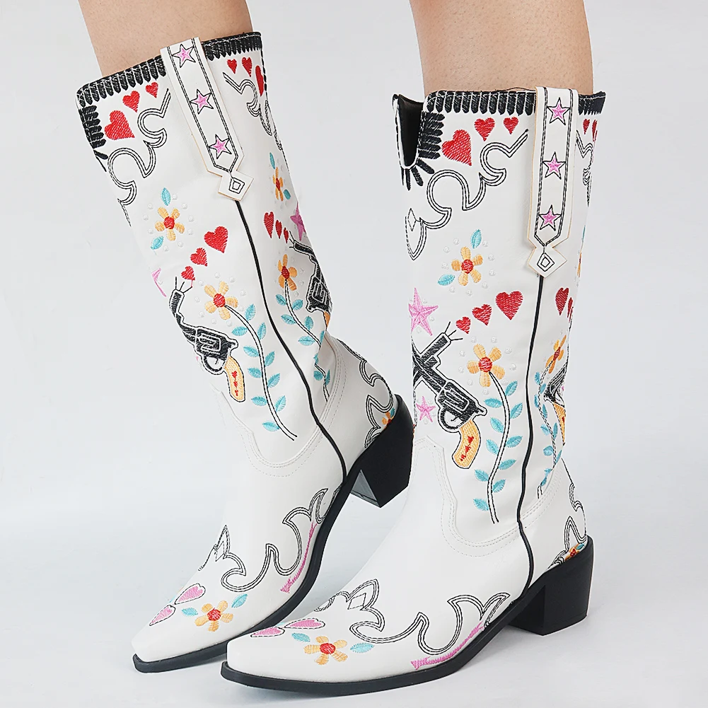 BONJOMARISA Brand Cowboy Embroidery Floral Western Boots For Women Slip On Mid Calf Boots Woman Casual Design Shoes Woman 