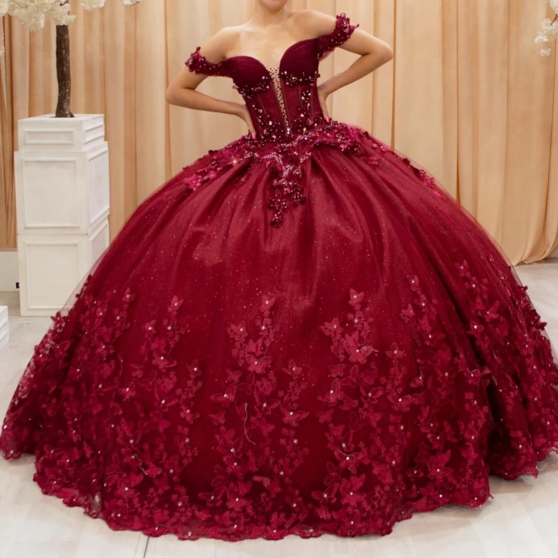 

Maroon Quinceanera Dresses Ball Gown Off Shoulder Shinny Bow Beads Crystal Prom Birthday Party Dress Vestidos De 15 Años 16 Year