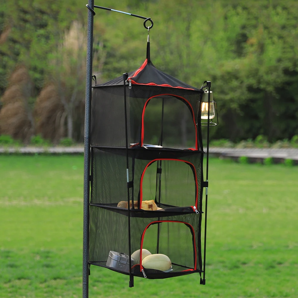 Camping Storage Drying Net 3 Layer Outdoor Hanging Mesh Drying Rack Net Basket with Poles for Cookware Tableware Plates Fruit 2