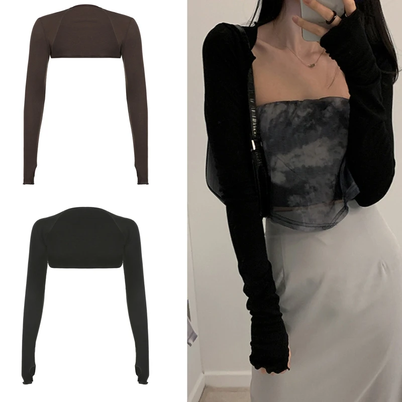 

Women Thumbhole Long Sleeve Bolero Shrug Solid Color Open Front Cropped Cardigan Top Bodycon Slim Fit Sunscreen Arm for DropShip