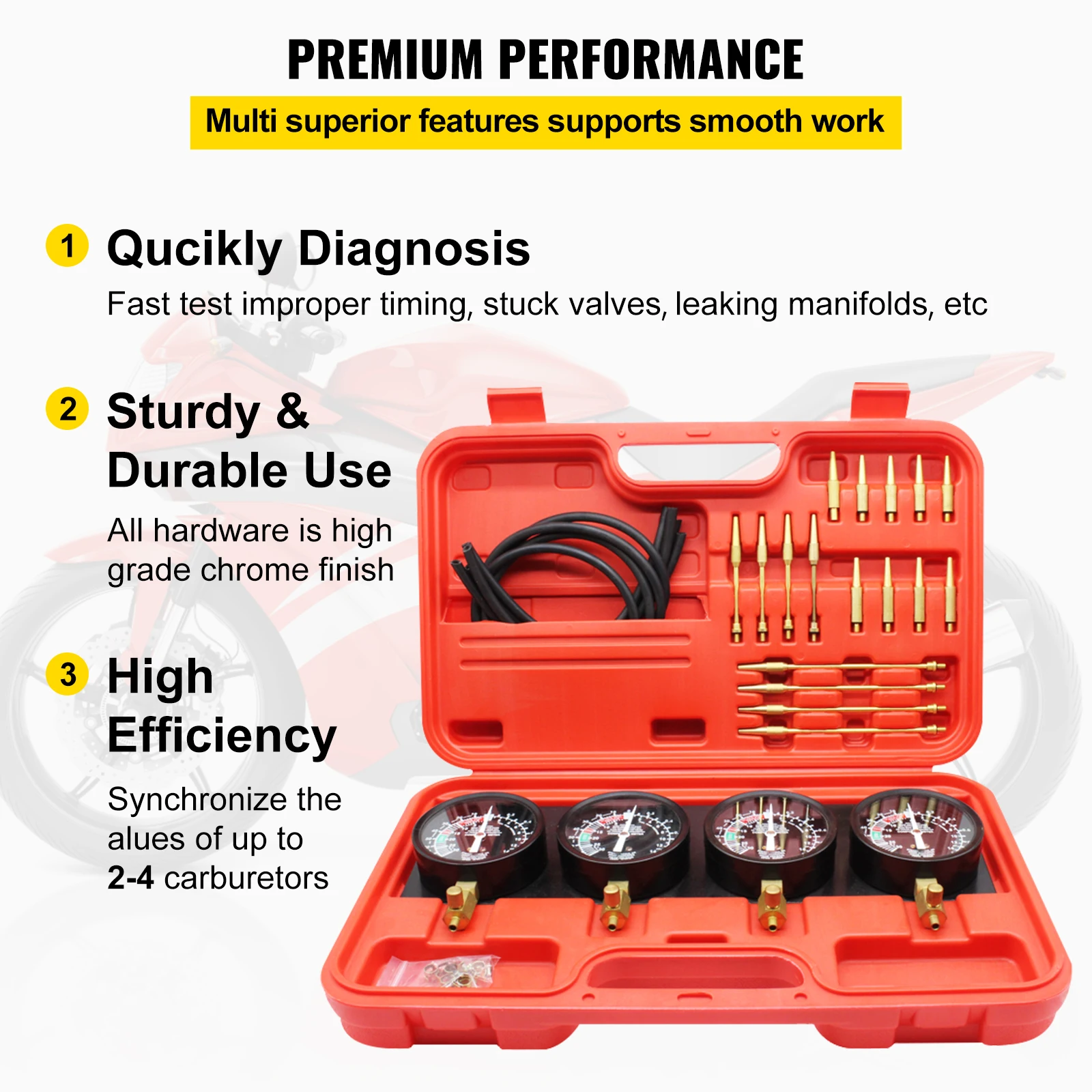 Vevor Fuel Vacuum Carburetor Synchronizer Carb Tools sync 4 Gauge Set with Rubber Hose Vacuum Balancer Meter Kit For Motorcycle