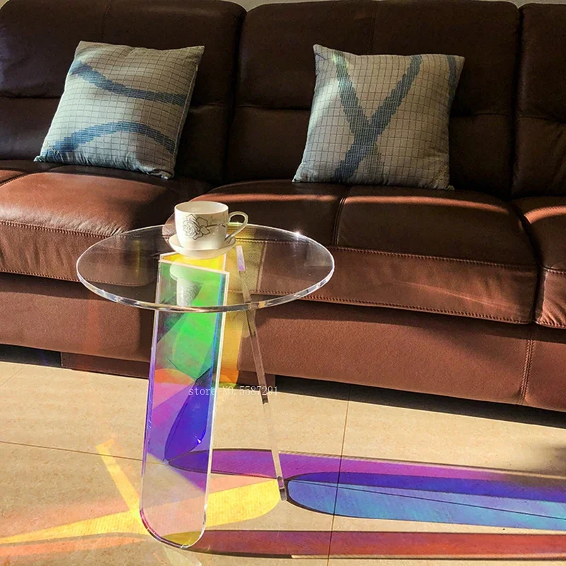 

Dazzle Color Acrylic Side Table Clear Small Round Mirror Furniture Side Desk Colorful Glass PMMA Laser Rainbow Coffee Table