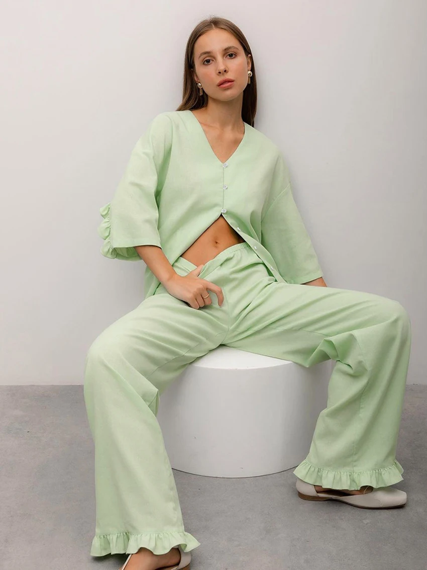 Marthaqiqi Green Female Nightgowns Suit Three Quarter Sleeve Sleepwear Sexy V-Neck Pajamas Wide Leg Pants Home Clothes For Women