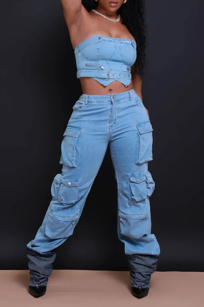 Multi Pockets Denim Cargo Pants Women Chic Button Fly High Waist Casual Loose Jeans Trousers All Matching Streetwear Bottoms