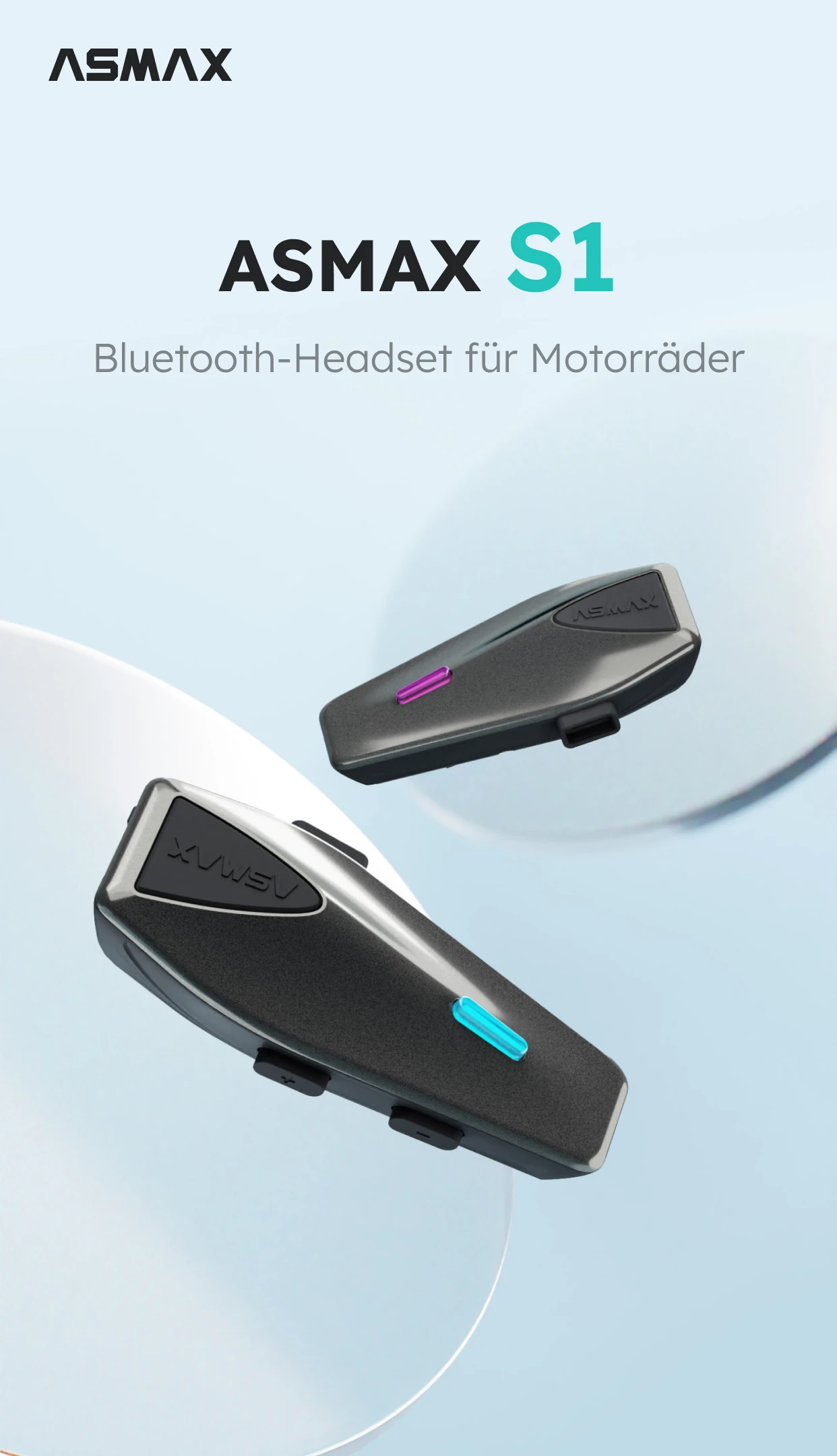 ASMAX S1 Helm Bluetooth Headset Sprachsteuerung Motorrad Kommunikationssysteme 8-Fahrer Helm-Gegensprechanlage mit FM-Radio ENC/IPX7, Deutsche Sprachansagen Geeignet für Schneemobil/Ski/ATV – Detail 1