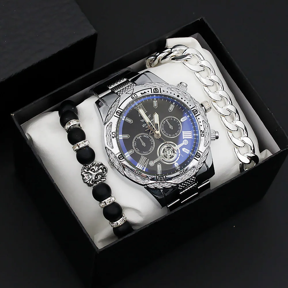 3Pcs Set Punk Style Big Dial Men Quartz Watches Casual Luxury Top Quality Men's Wristwatch With Bracelets relogios masculino+Box