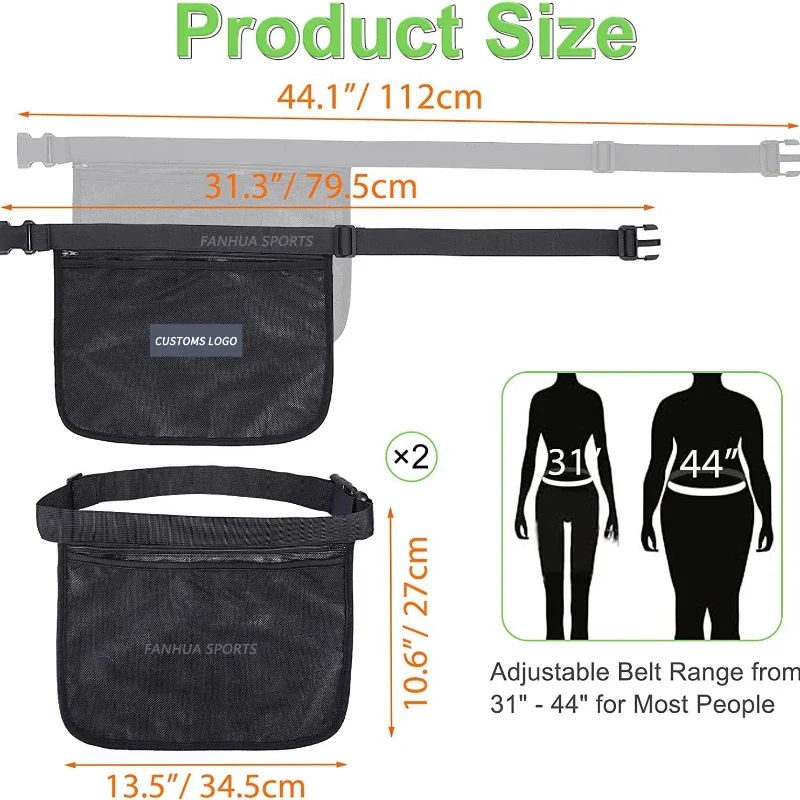 Tennis Ball Holder Mesh Adjustable Belt Waist Hip Ball Bag Zipper Pocket for Pickleball Women/Men/Teens