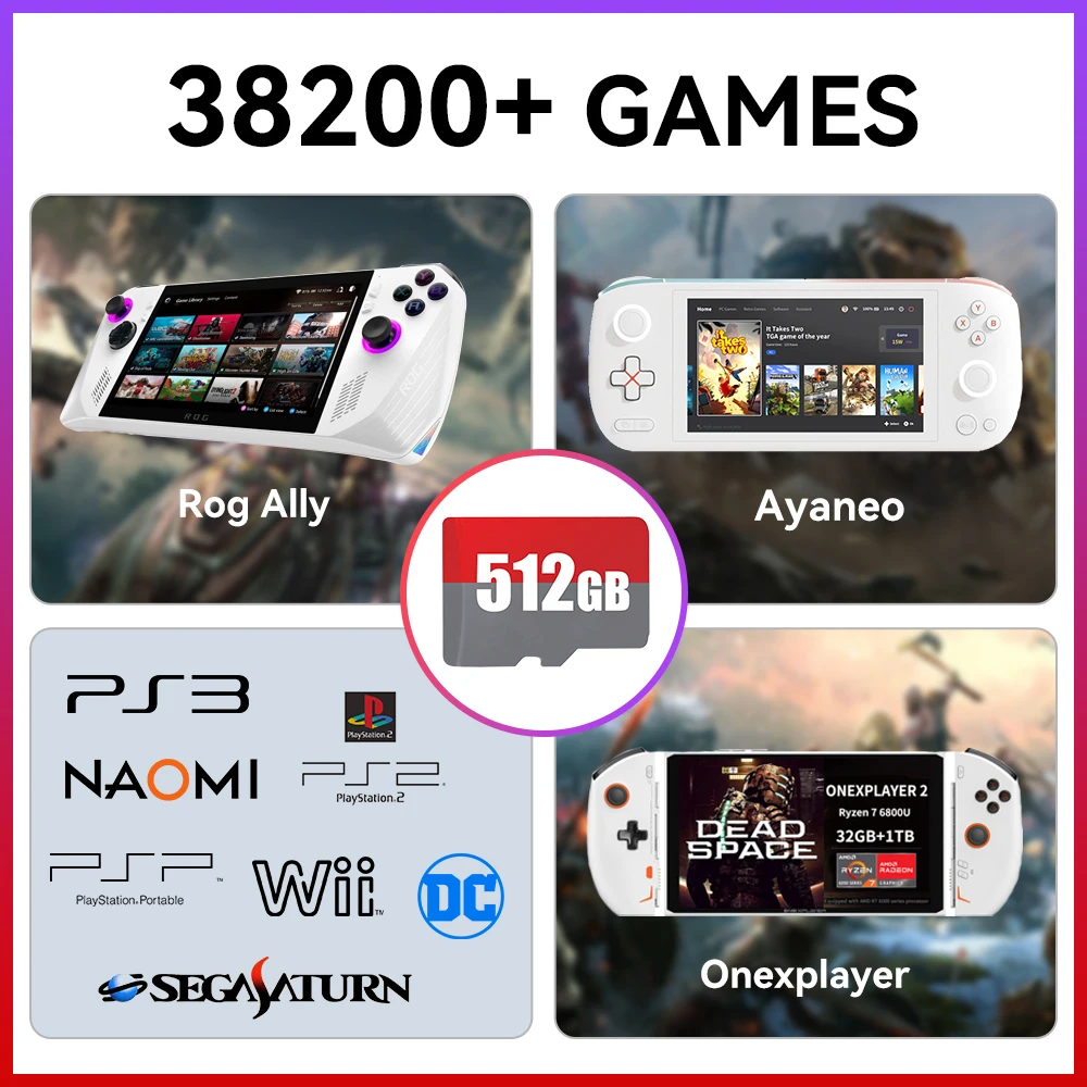 512G игровая карта для ROG Ally/Ayaneo/OnexPlayer/портативные игровые консоли/ПК для PS3/PS2/SS/PS1/PSP/DC/MAME 50 + эмуляторы и 38200 + игр