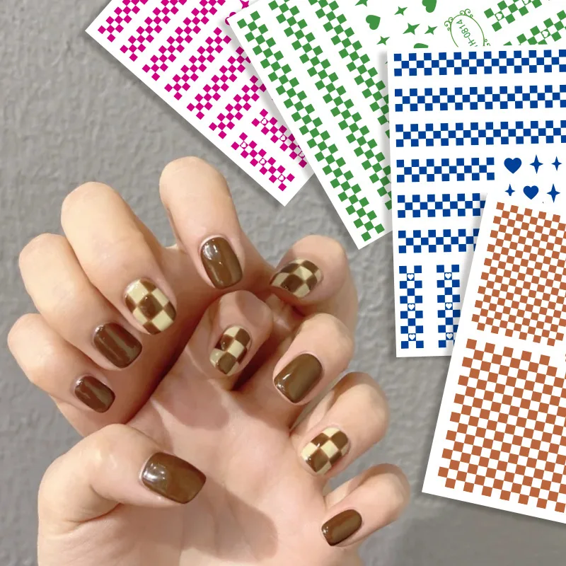 

1Sheet Checkerboard Grid Nail Art 3D Stickers Nail Decals For Nails Houndstooth Manicure 2021 New Design Sliders DIY Accessories