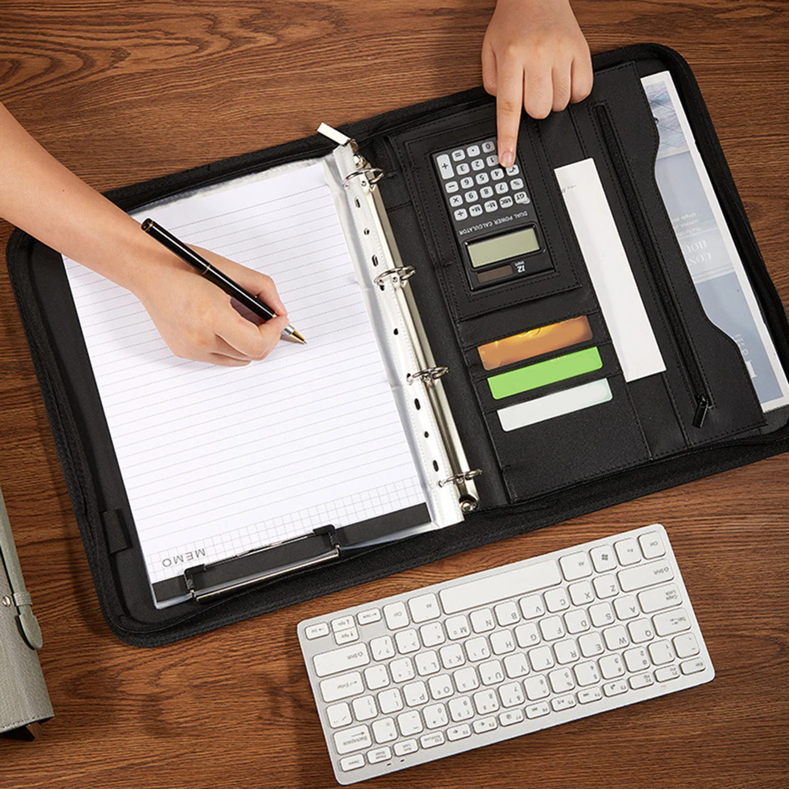 Business Portfolio with Zipper 10 Transparent File Bags PU Leather 30 Sheets Notebook 12 Digit Solar Calculator 10.1 Inch Tablet