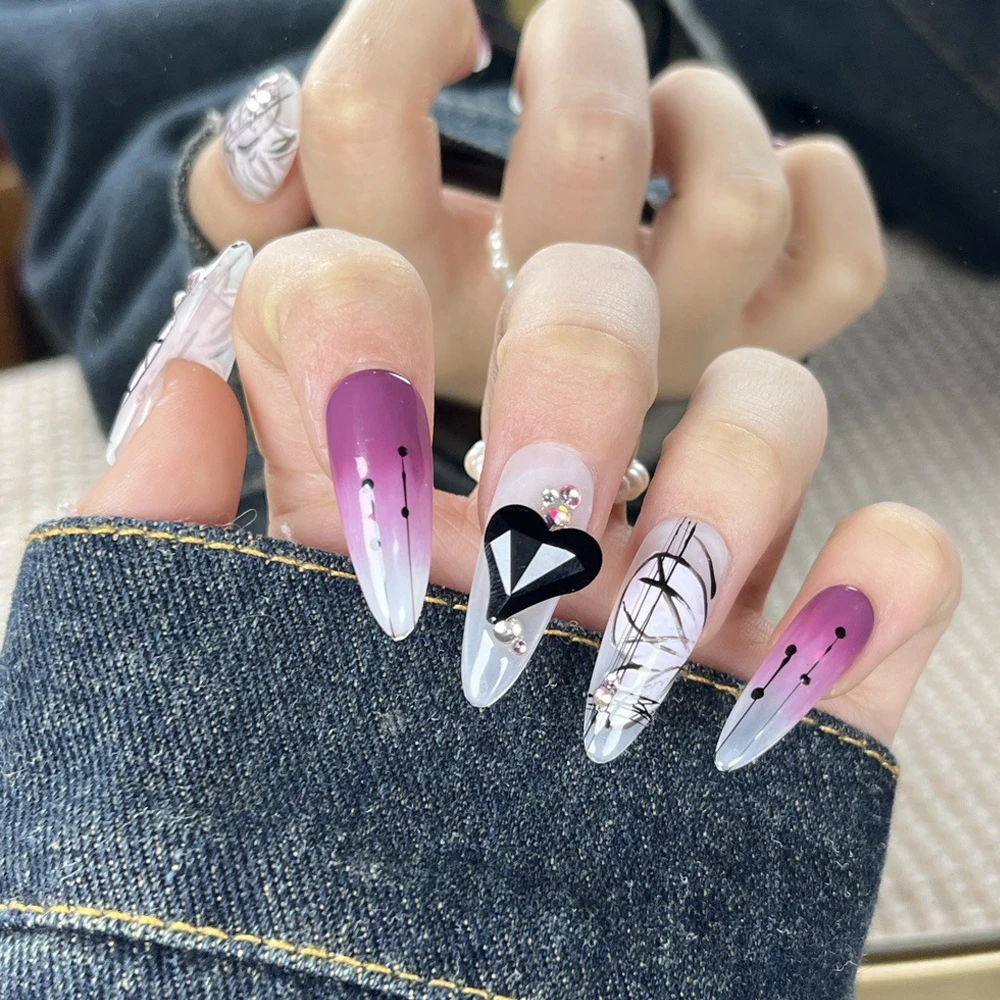 10 Purple Fake Nail y2k Handmade Press On Nails Cool Luxury Black Diamond Butterfly Drawing Full Cover Tips Artificial Manicure