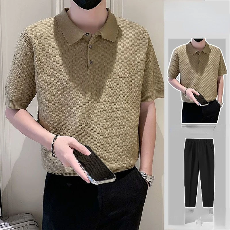 

Men's Solid Color Suit Summer Button Lapel Short Sleeve Polo Shirt Fashion High Quality Loose Pants Two-Piece Set 2023 T41