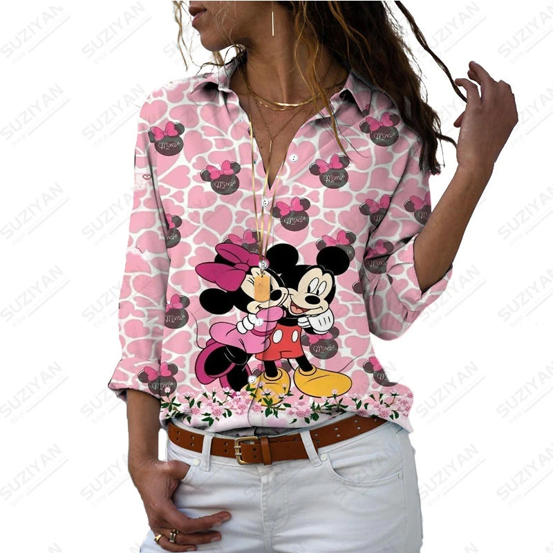 

2023 New Disney Harajuku Slim Fit 3D Print Women's Button Long Sleeve Polo Mickey Minnie Donald Duck Casual Cute Shirt Top