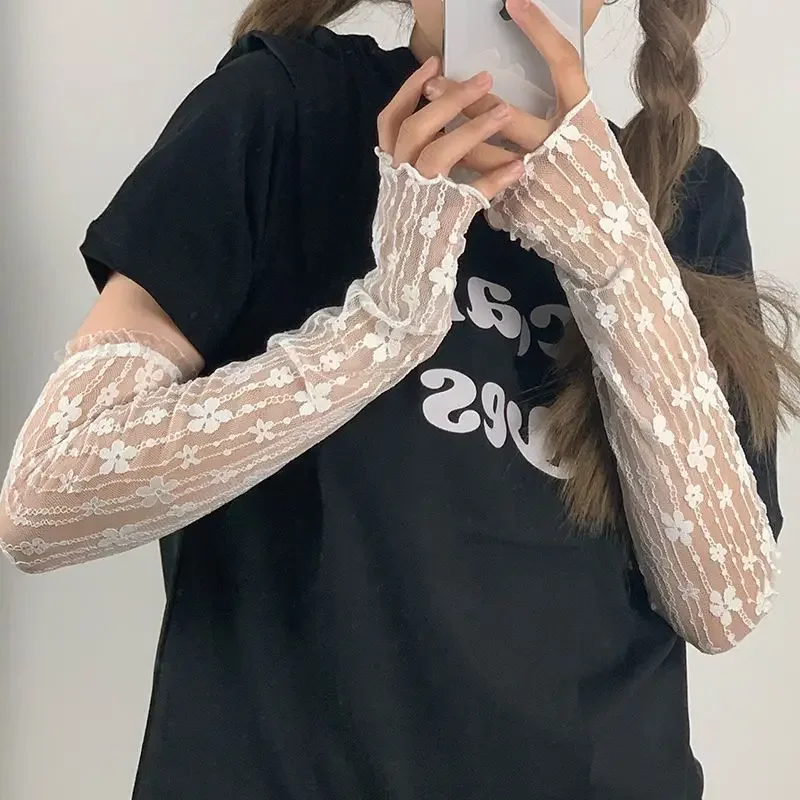 Long Lace Hollow-Out Fingerless Gloves Women Summer Anti-UV Sleeves Mesh Breathable Ice Silk Mittens Oversleeve Driving Cycling fingerless gloves sunscreen gloves ice arm sleeves ice sleeve gloves arm sleeves