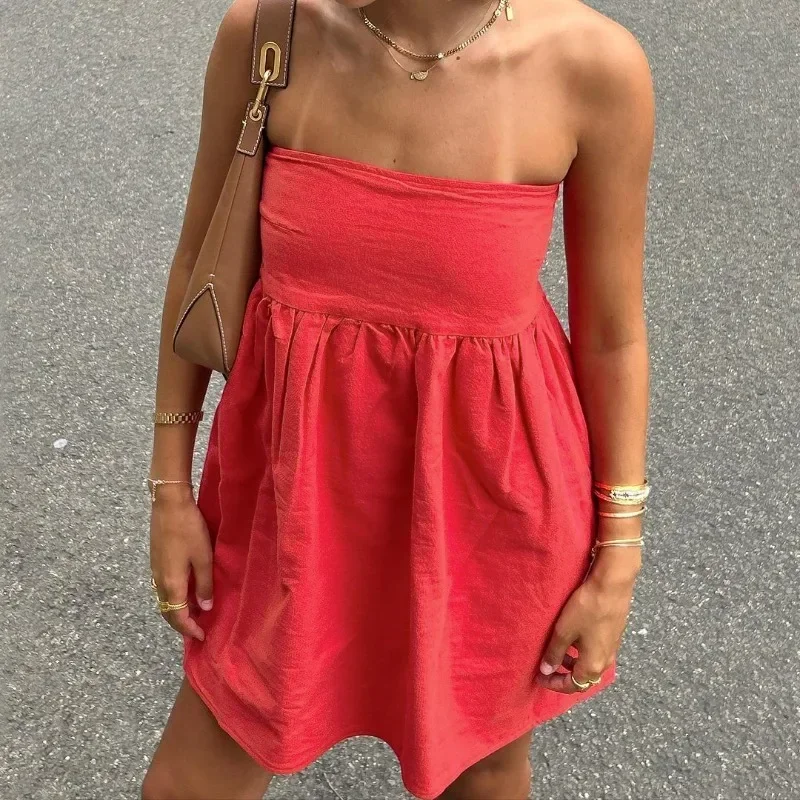 Elegant Solid Strapless Dress Women's Sleeveless Beach Vacation Short Dress Splice Off Shoulder Loose High Waist Clothing 2