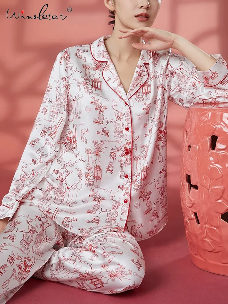 

Satin Turn-down Collar Print,19MM 100%Mulberry Silk Pajamas for Women,Retro Fashion Pajama Set,2024 Spring Summer,S418108QM