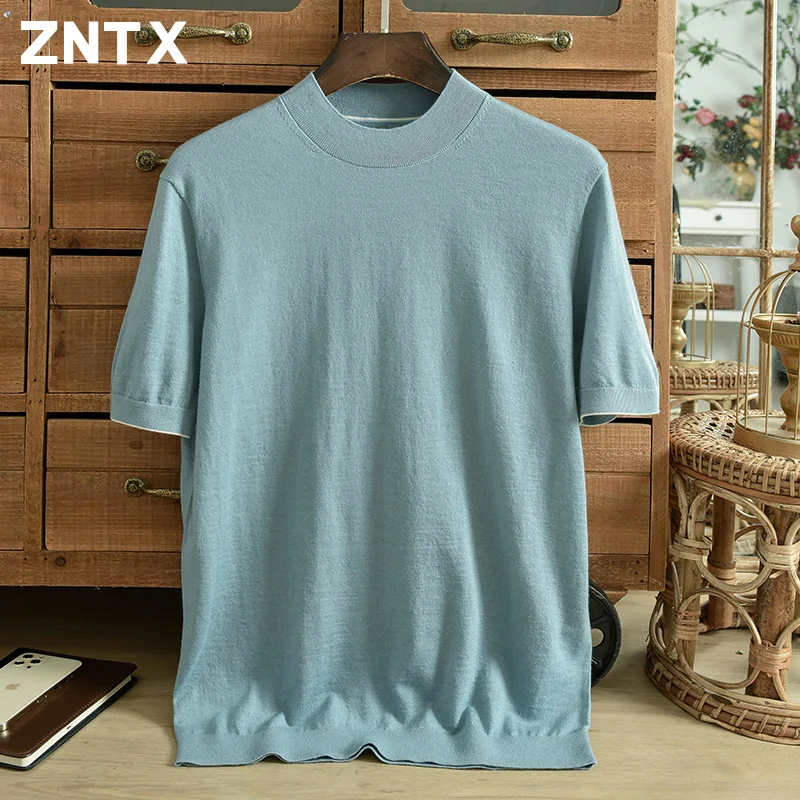 

New cashmere sweater men's pure cashmere worsted thin half turtleneck short sleeve solid color Korean version casual sweater top