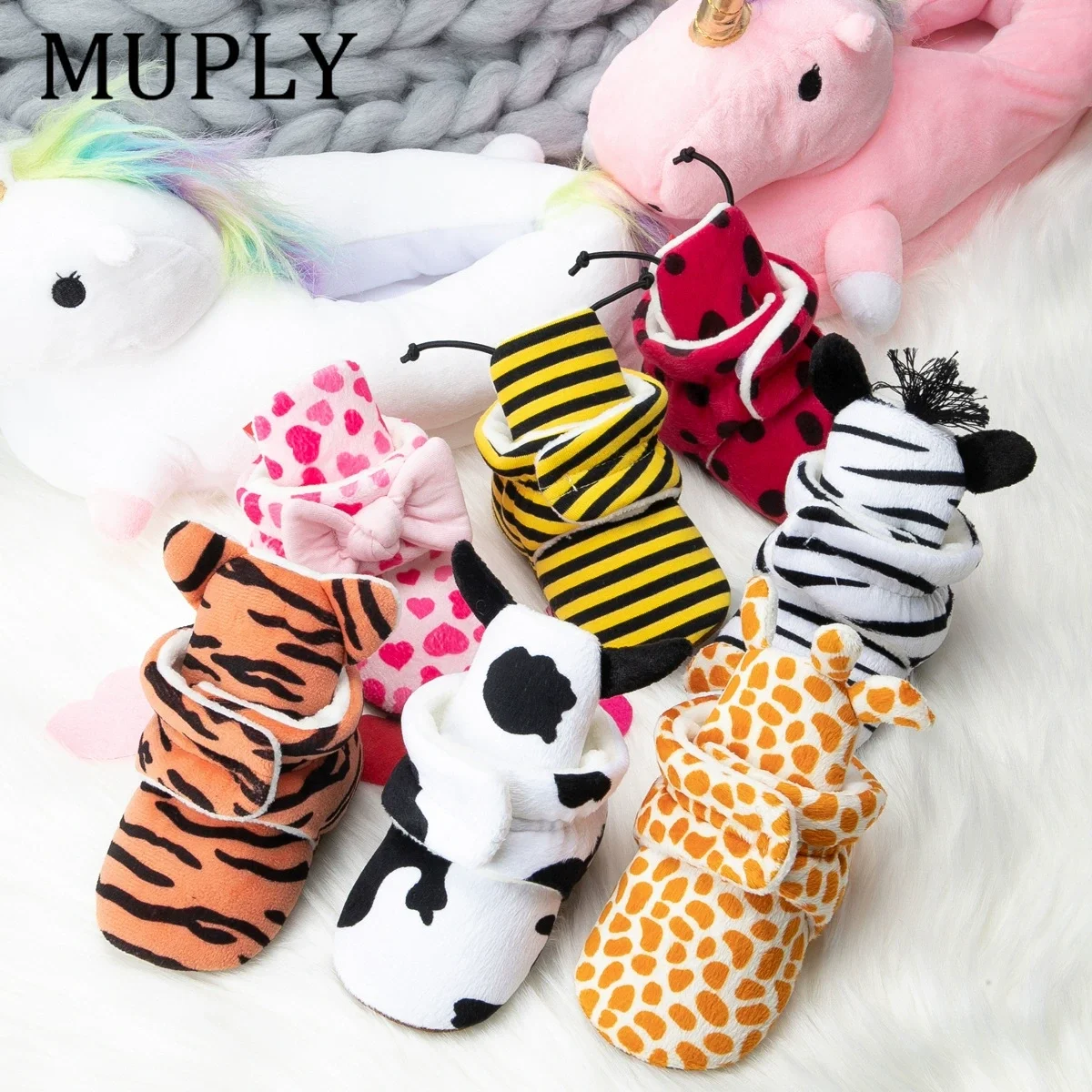 Boy Girl Soft Fleece Booties Cute Animal Theme Bee Tigers Giraffes Zebras Socks Shoes Non-slip Soft Bottom Casual Baby Shoes