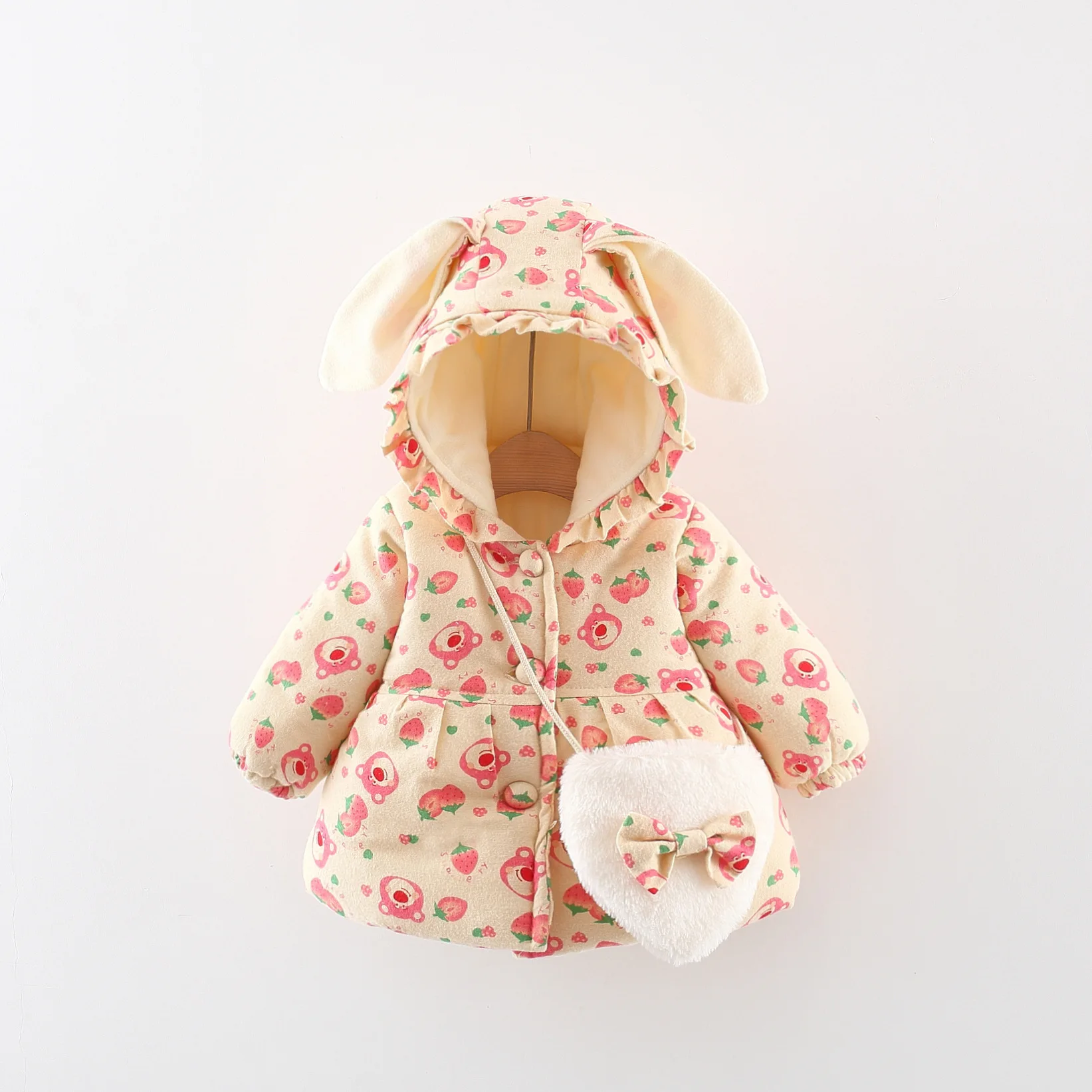 Baby Girl'S Cotton Coat Winter Teddy Bear Long Ear Cotton Coat Jacket Cute Strawberry Girl'S Clothing