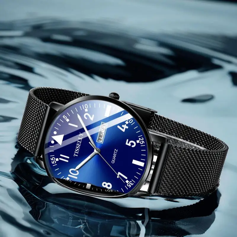 Top Brand Men Sports Quartz Watches New Blue Dial Design Stainless Steel Daily Waterproof Luminous Hands Luxury Reloj Hombre