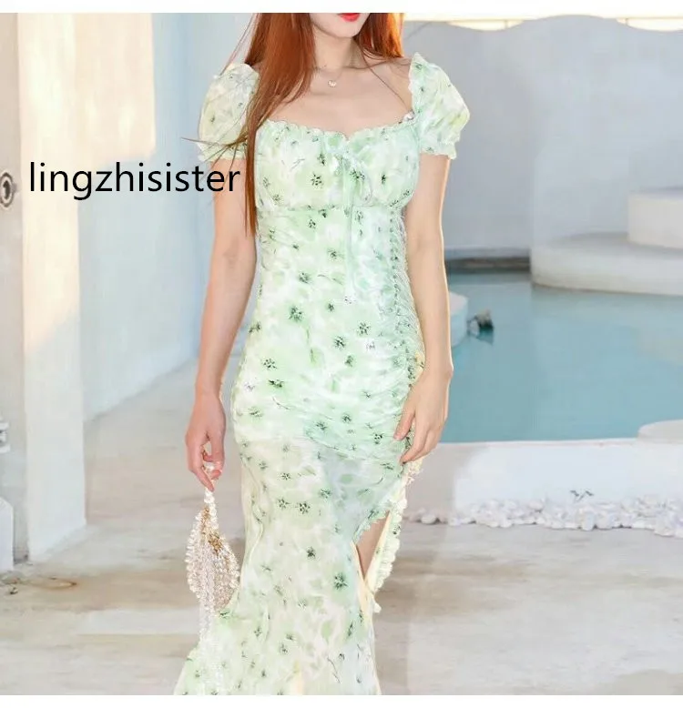 

lingzhisister Silk Long Dress 2024 Summer Ostrich Feathers Green Print Slit Hem Short Sleeve Bud Dresses New Arrive