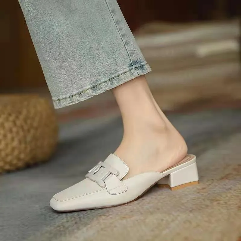 Women's Slippers Summer New Leather Low Heel Square Head Home Half Drag Casual Fashion Comfortable Height Sandals — view 6