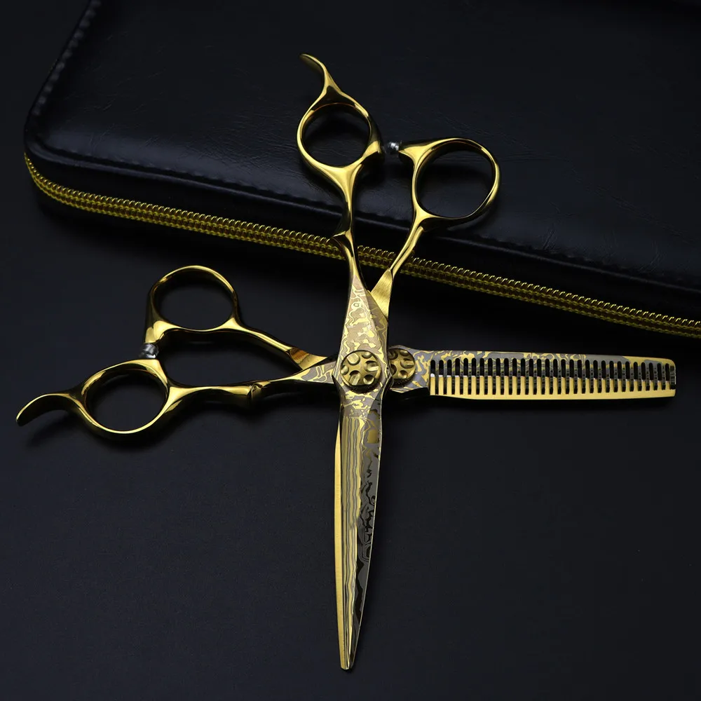 Professionelle 6'' Gold Damaskus Haarschneideschere Blumenschraube Haarschnitt Effilierschere Friseurwerkzeuge Schere Friseurschere – Detail 3