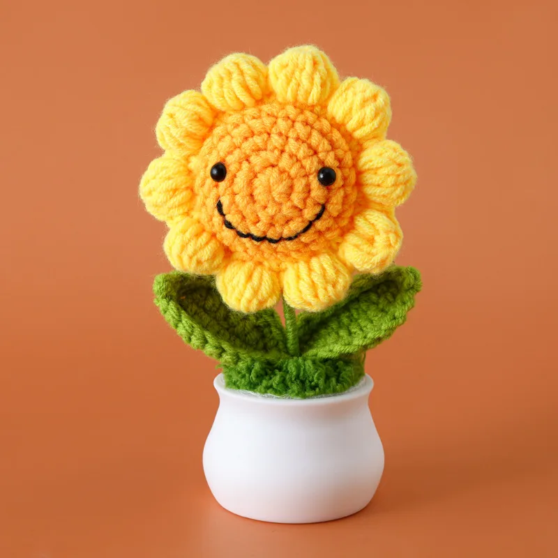 Finished Hand-Crochet Colorful Smiling Sunflower Handwoven Pot Flower Plant Cute Handmade Gift Home Desktop D&eacute;cor Car Decoration