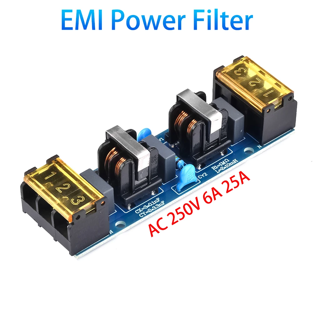 Filtro EMI AC 250V 6A 25A, Scheda Filtro Passa-Basso a Due Stadi, Soppressore di Interferenze Elettromagnetiche ad Alta Frequenza