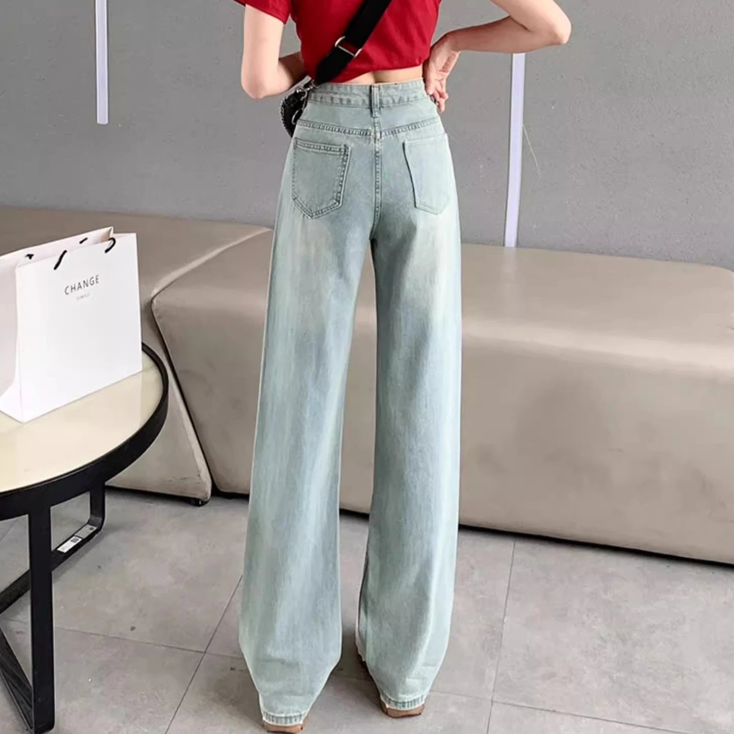 New Chinese high-waisted wide-legged jeans women's new country style embroidery thin narrow version of straight drag pants