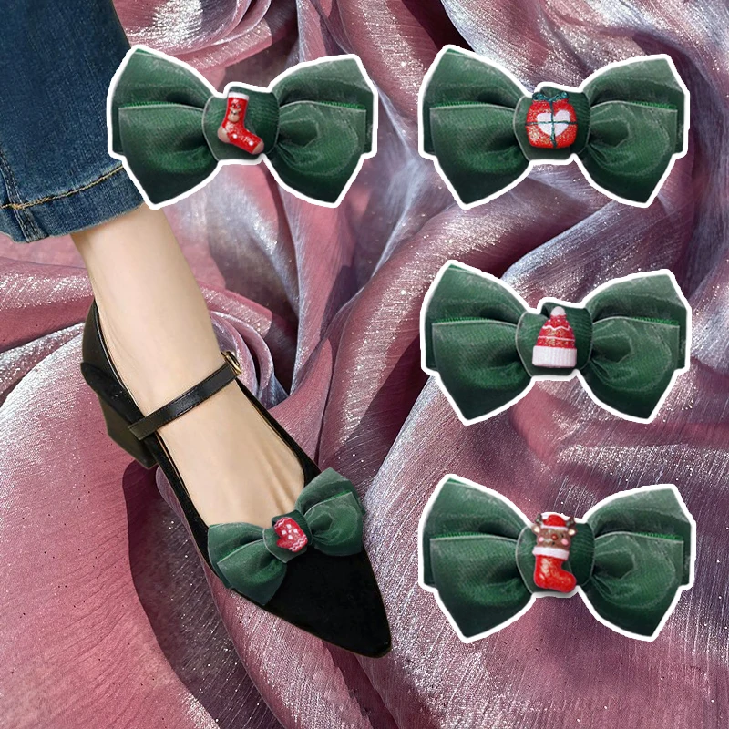 

2 Pcs Glitter Santa Hat Shoe Clips Women Tulle Bow Shoe Embellishment Detachable Shoe Buckle for Christmas High Heels Decoration