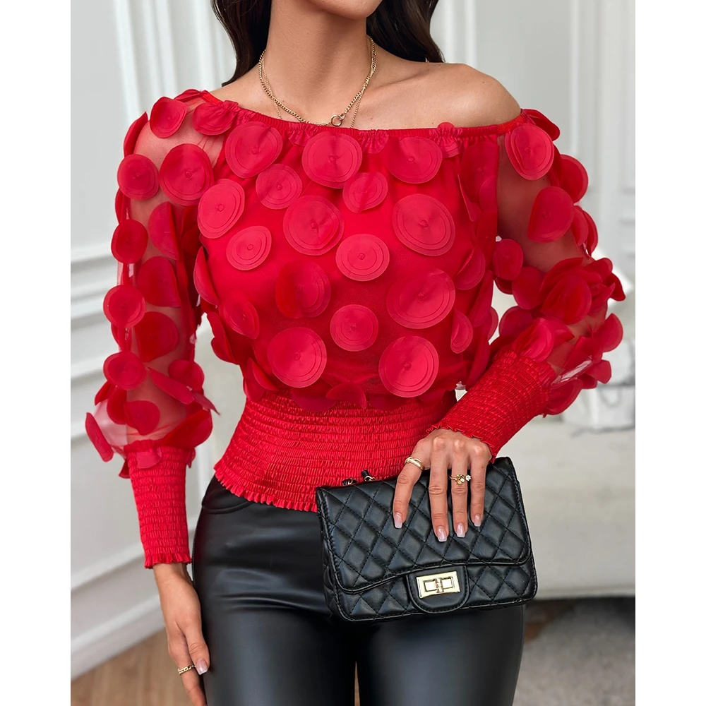 Women Spring Shirred Floral Pattern Off The Shoulder Blouses Top Casual T-Shirts Sheer Mesh Gigot Sleeve Sexy Tees 2024 y2k