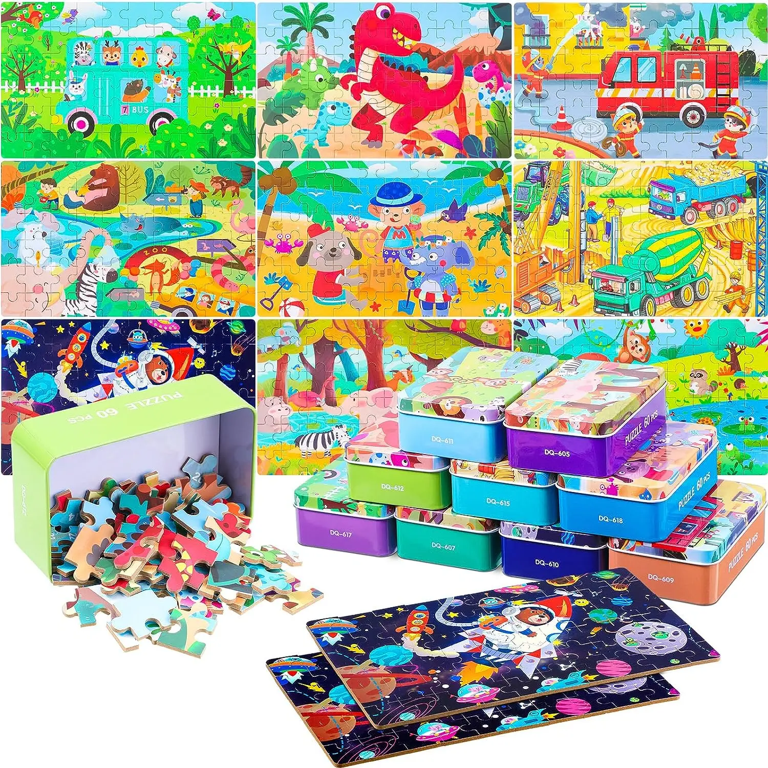 

60PCS/Box Party Favors Jigsaw Puzzles in a Metal Box Wooden Puzzle for Ages 4-8 Boys Girls Learning Educational Puzzles Toys