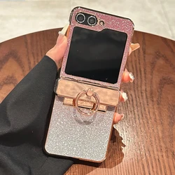 Glitter Gradient Diamond Plating Ring Holder Bling Shockproof Case for Samsung Z Flip 6 (Pink)