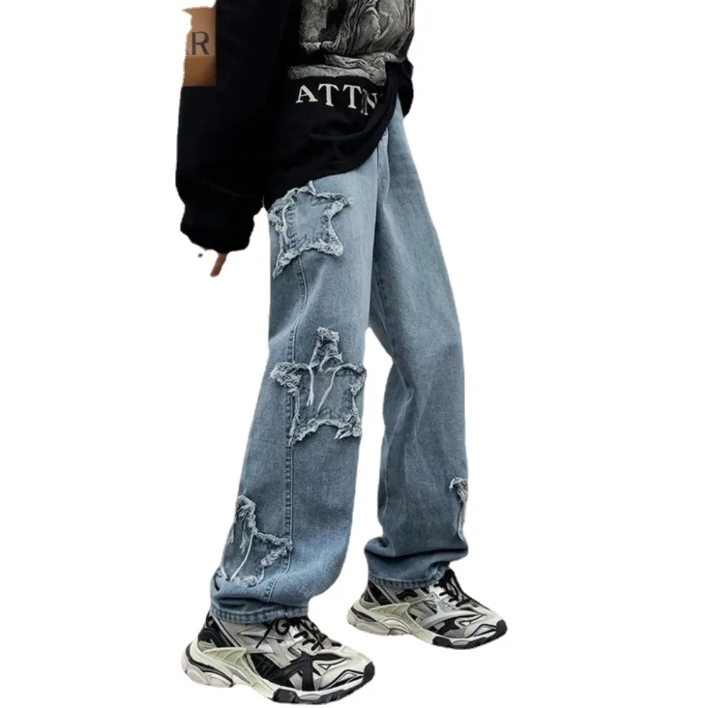 2024 New Fashion Stars Towel Embroidery Blue Men Jeans Pants Clothes Straight Hip Hop Cotton Trousers  Straight Leg Baggy Pants
