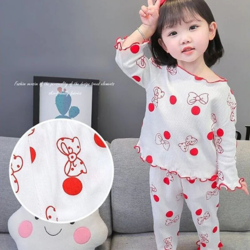 Spring Fall Baby Long Sleeved Set Girls Thin Home Clothing Children's Pajamas and Pants Two-Piece Set