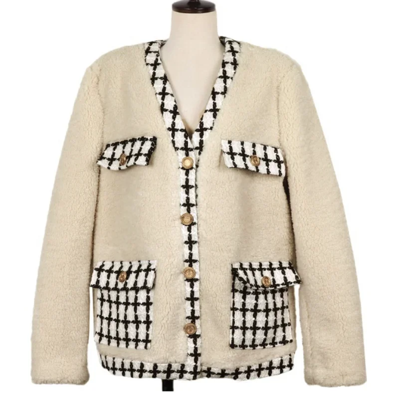 Winter Warm Fake Fur Contrast Tweed Coat Women V-neck Fashion Pocket Single-breasted Granular Lambswool Loose Casual Fur Jacket